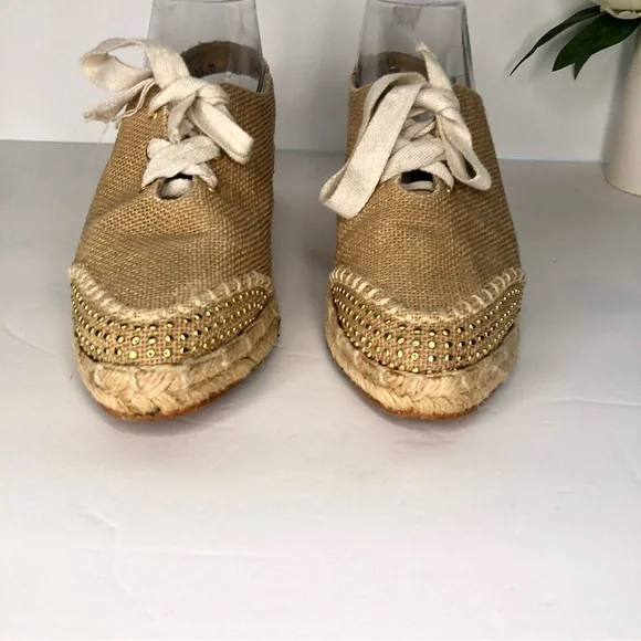 STUART WEITZMAN Canvas Gold Studded Slingback Tan Espadrille Wedge Luxury VTG - Picture 6 of 14